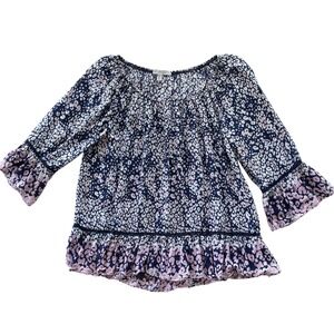 FEVER‎ Crochet Hem Accent Boho Rayon Blouse Navy Pink White Bell Sleeve Size M
